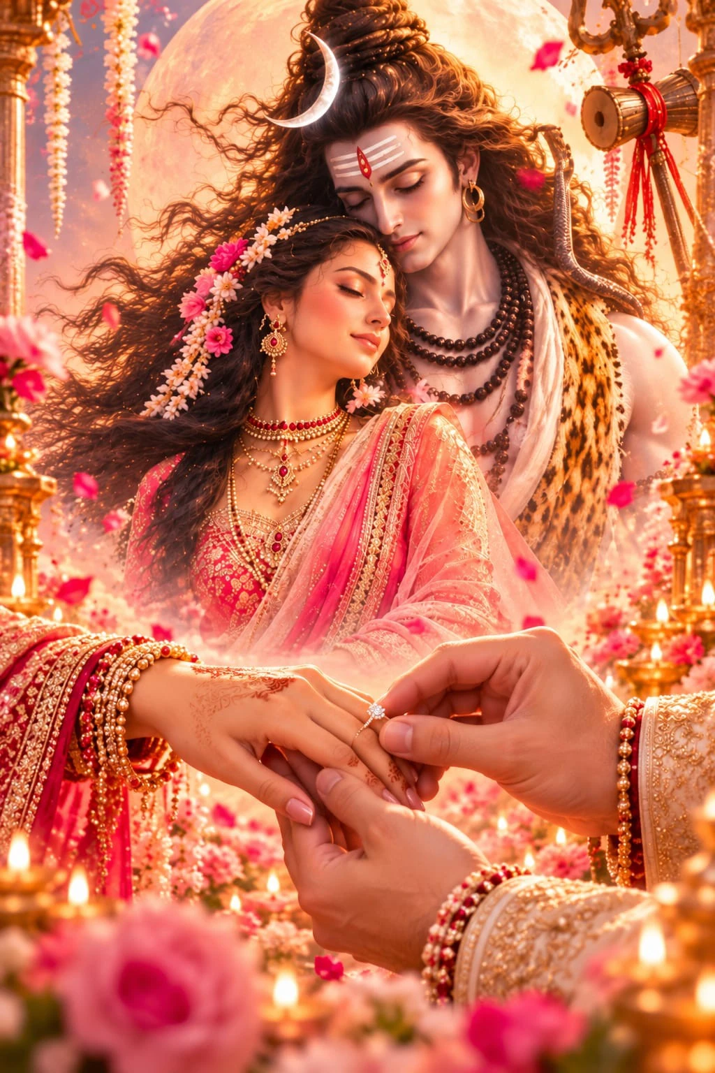 Shiva and Parvati in a gentle embrace above the engagement ring ceremony, among pink flowers and diyas