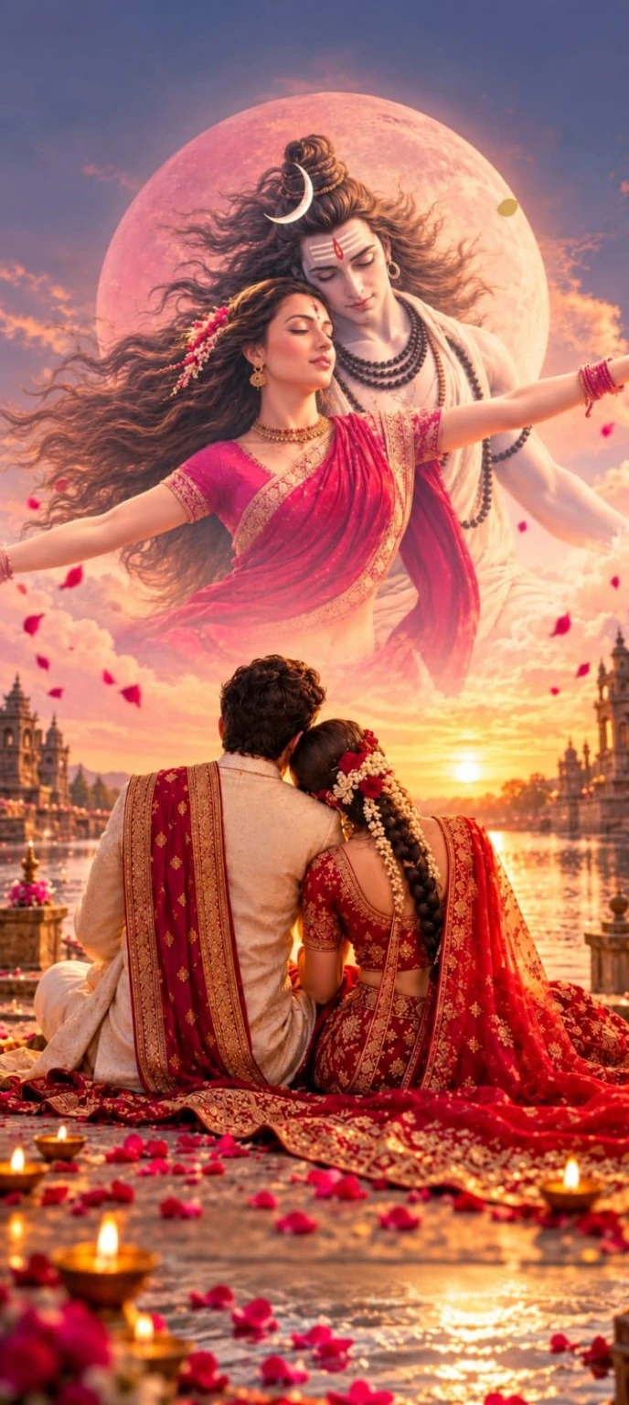 Shiva and Parvati in the sky above a couple seated together at sunset beside the river, with rose petals and diyas