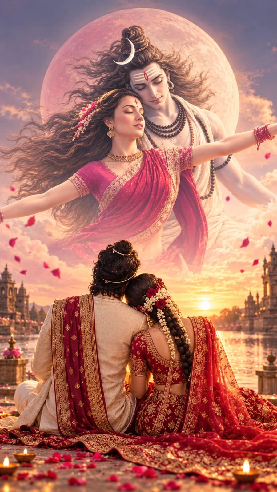 Shiva and Parvati in the sky above a couple resting together at sunset by the river
