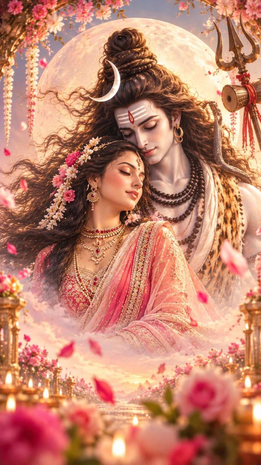 Shiva and Parvati in a gentle embrace among pink roses and diyas