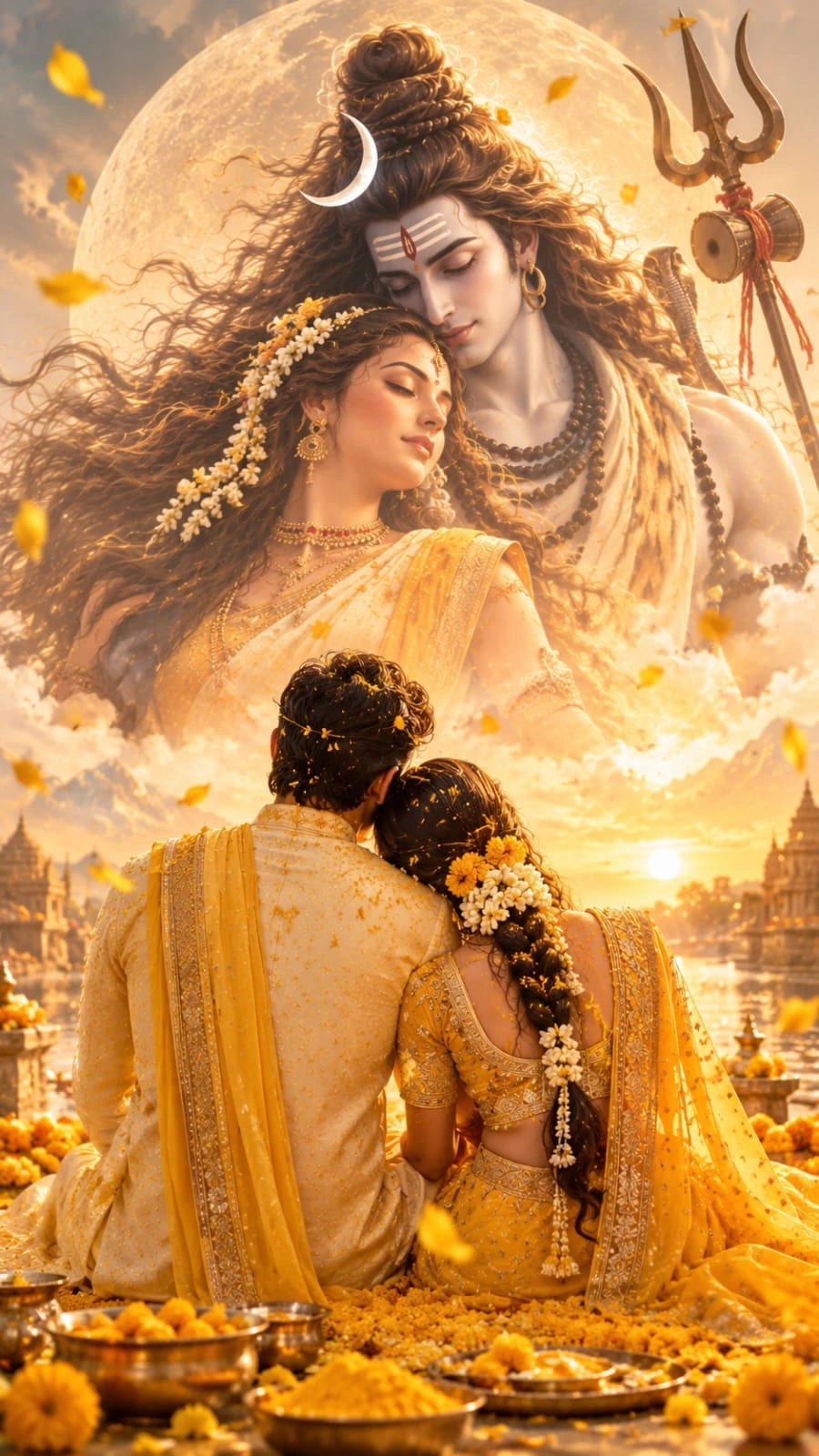 Golden Haldi scene with Shiva and Parvati above a couple surrounded by marigolds