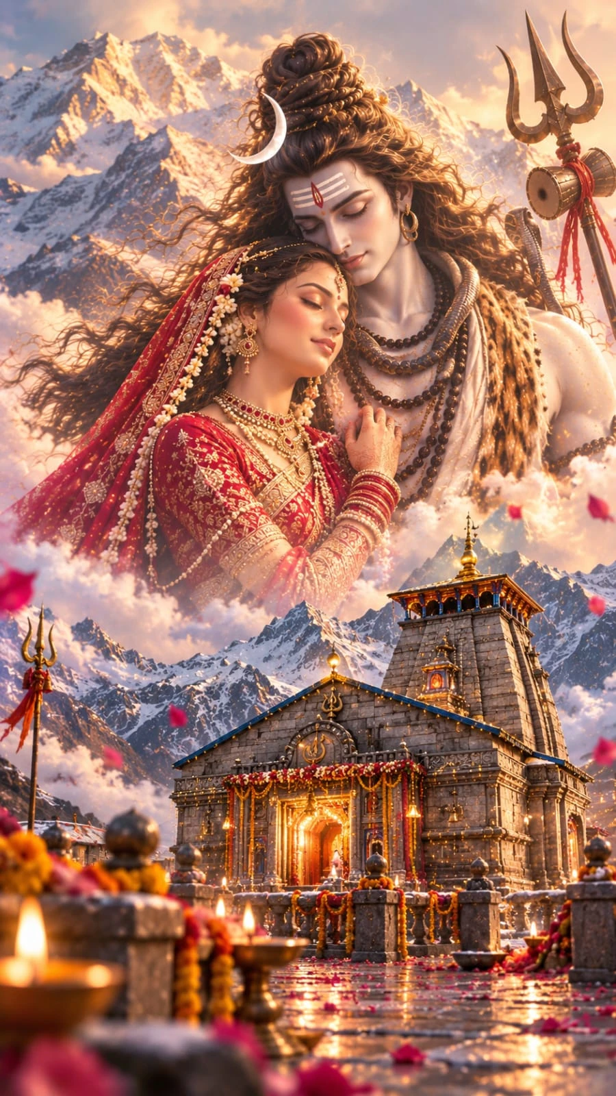 Lord Shiva embracing Parvati above the Kedarnath temple among snow mountains