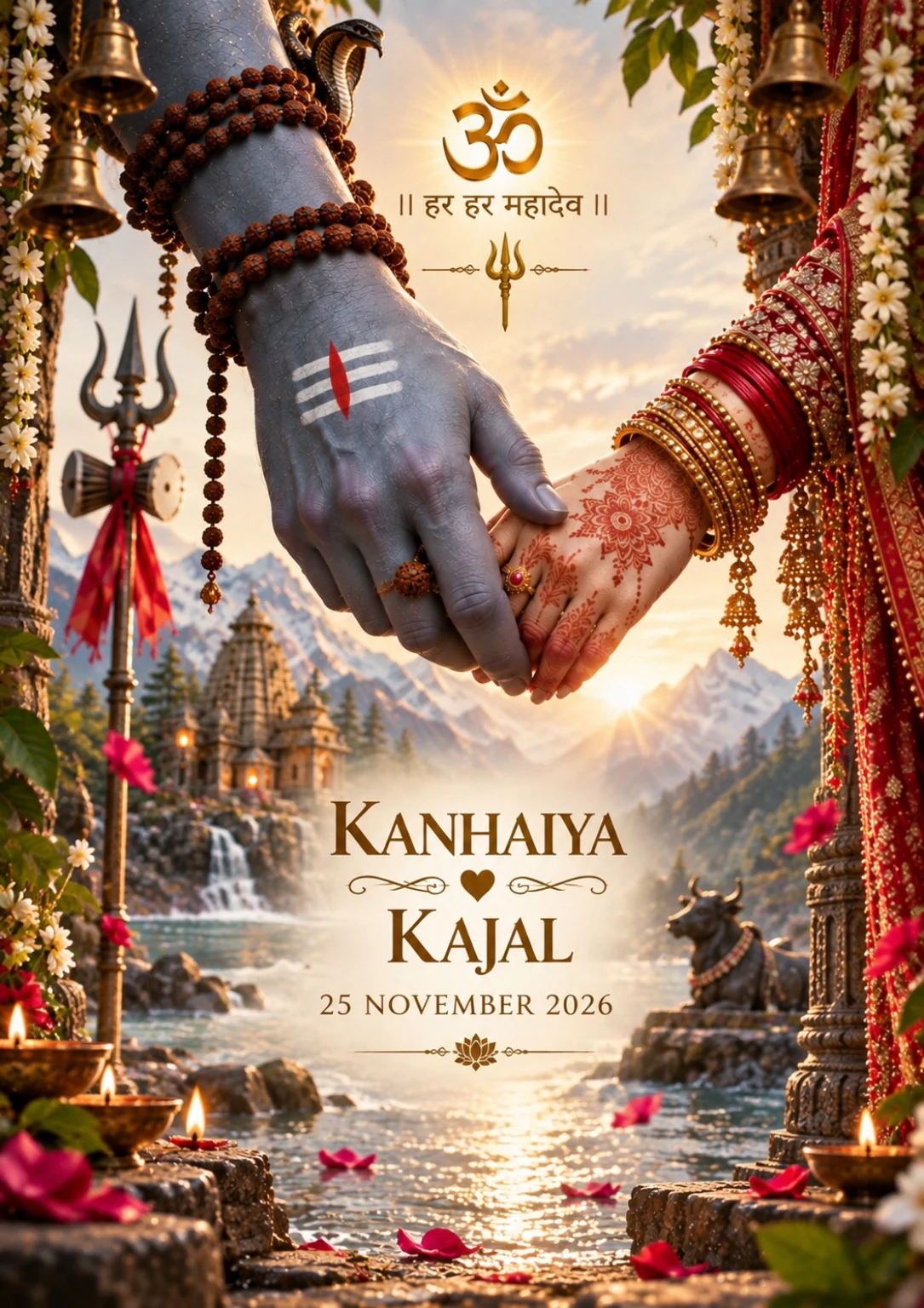 Clasped hands of Shiva and a bride with mehndi, with the names Kanhaiya and Kajal, 25 November 2026