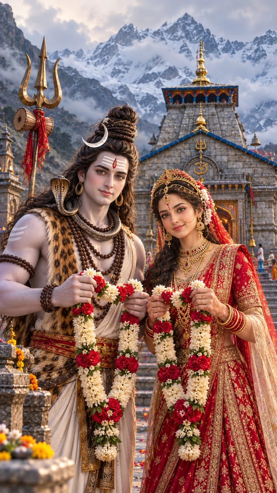 Shiva and Parvati holding varmala garlands in front of the Kedarnath temple