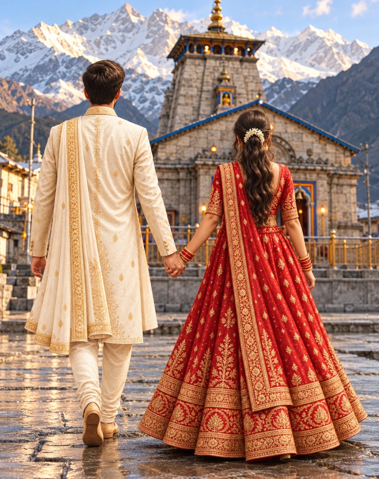 Bride and groom walking hand in hand towards the Kedarnath temple with snow mountains behind